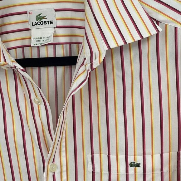 Lacoste Long Sleeve Striped Yellow Red White Collared Button-Up Shirt Size 42 - Picture 2 of 5